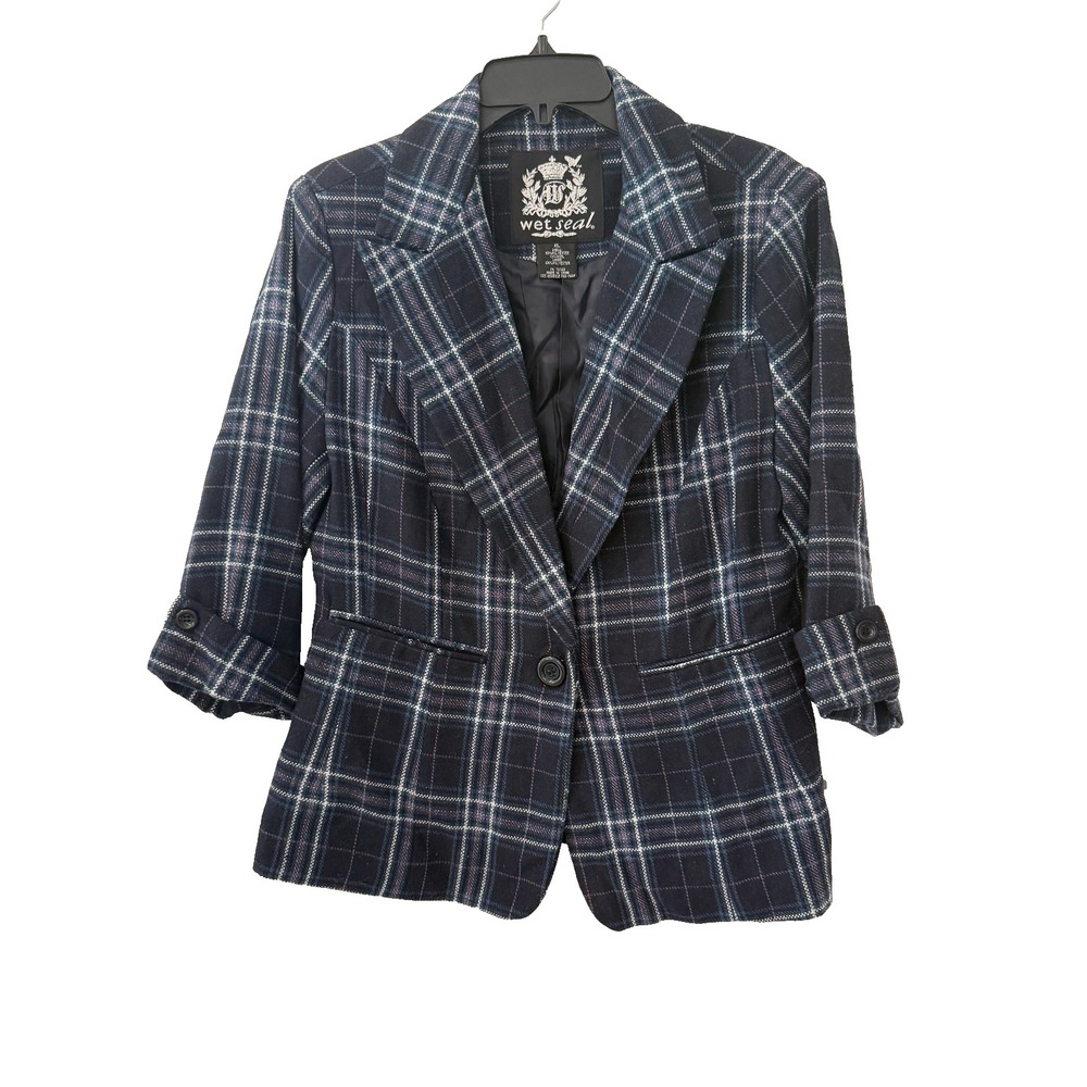 Y2K Wet Seal XL Plaid Blazer Jacket Navy Plaid Preppy Academia 2000's Metallic